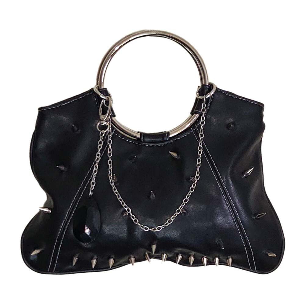 Custom Giannini Black Vegan Leather Spiked Handbag with Metal Ring Handle
